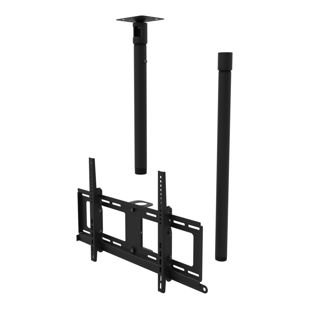 TV ceiling mount for 32 to 86 inch screens, flat ceiling plate, 47 to 63 inch drop, shown apart with coupler and 30 inch pipe.