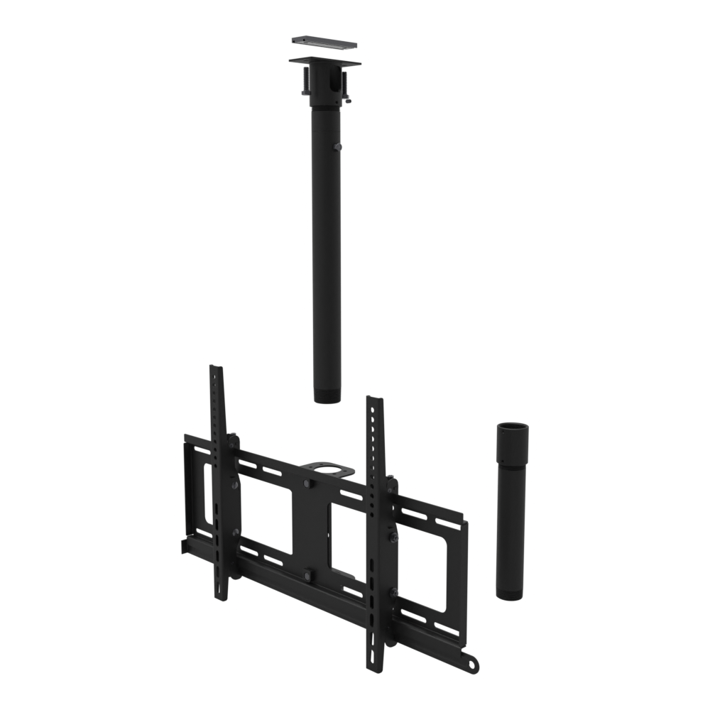 TV ceiling mount for 32 to 86 inch screens, unistrut adapter plate, 17 to 43 inch drop, shown apart with coupler and 10 inch pipe.