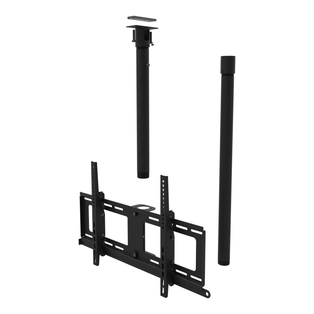 TV ceiling mount for 32 to 86 inch screens, unistrut adapter plate, 47 to 63 inch drop, shown apart with coupler and 30 inch pipe.