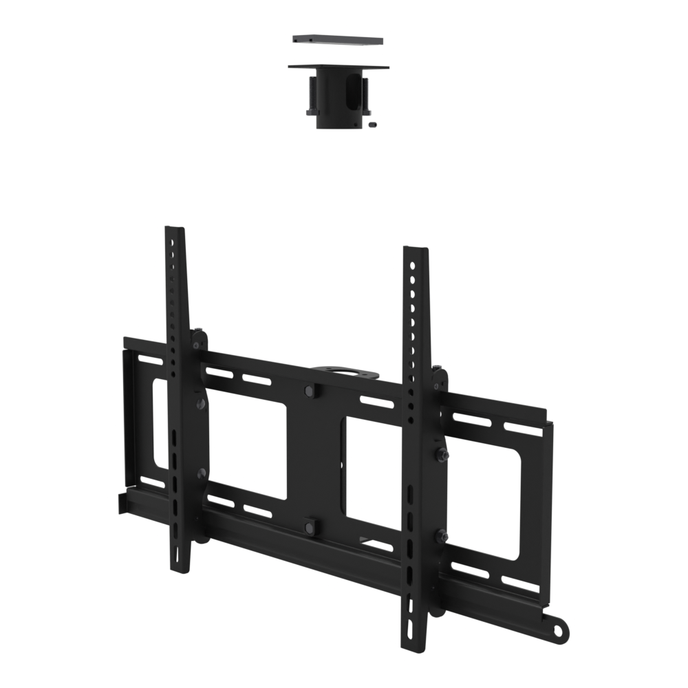 TV ceiling mount for 32 to 86 inch screens, unistrut adapter plate and tilting twin-rail head, supplied without a mast.