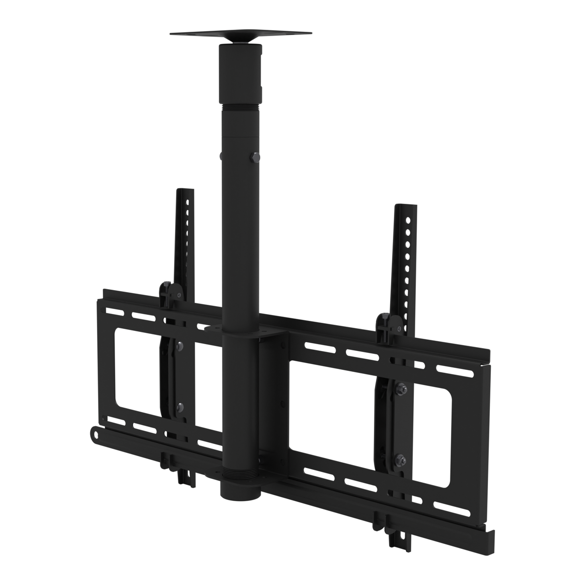 33CE008 TV ceiling mount seen from the back, showing the wall plate and both TV rails, the pipe adapter on the mast, the telescoping extension and the ceiling plate.