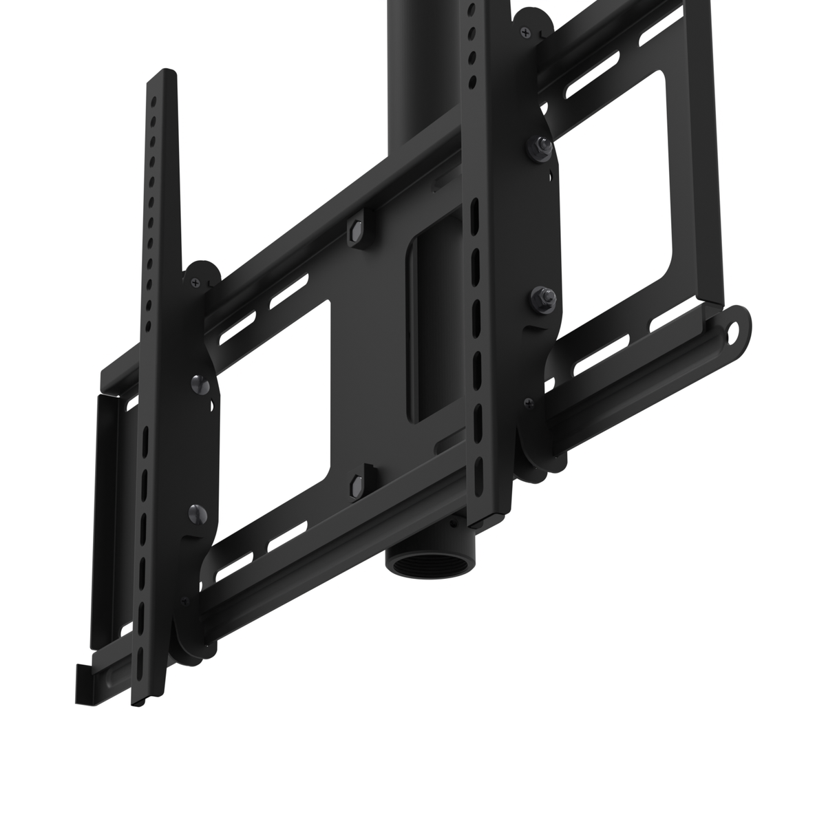 33CE008 TV head seen from below and to the side, with the lock bar in the locked position running under the wall plate through the hooked brackets of both TV rails.