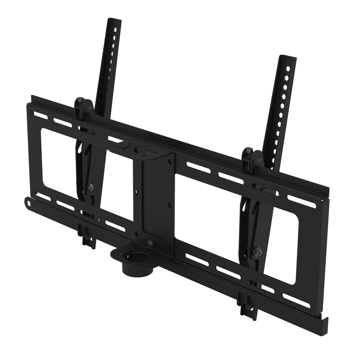 33CE008HEAD TV mount head seen from the back, set at 10 degrees, showing the wall plate, both tilting TV rails, the pipe adapter with its collar and the lock bar.