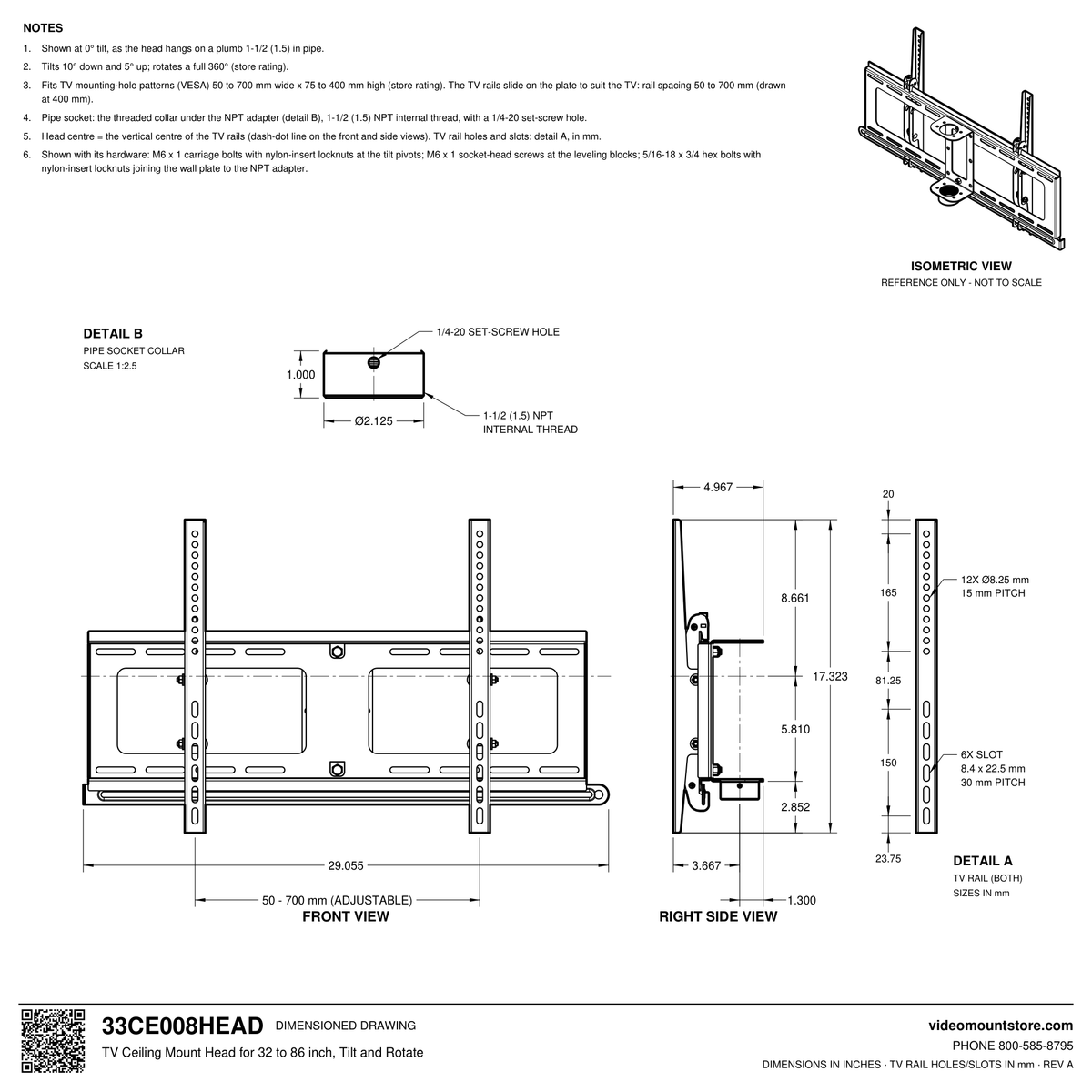 33CE008HEAD TV ceiling mount head dimensioned drawing: 1-1/2 (1.5) inch NPT threaded pipe collar, TV rails adjust 50 to 700 mm, 29.055 inches wide overall