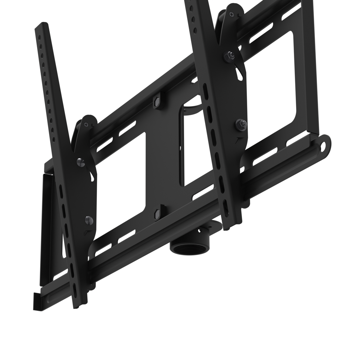 33CE008HEAD TV mount head seen from below and to the side, with the lock bar in the locked position running under the wall plate through the hooked brackets of both TV rails.