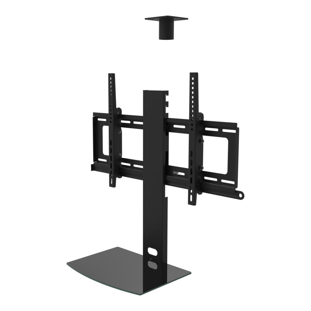 TV ceiling mount with black glass shelf, 11CP001 cable pass-through ceiling plate and tilting head, supplied without a mast.
