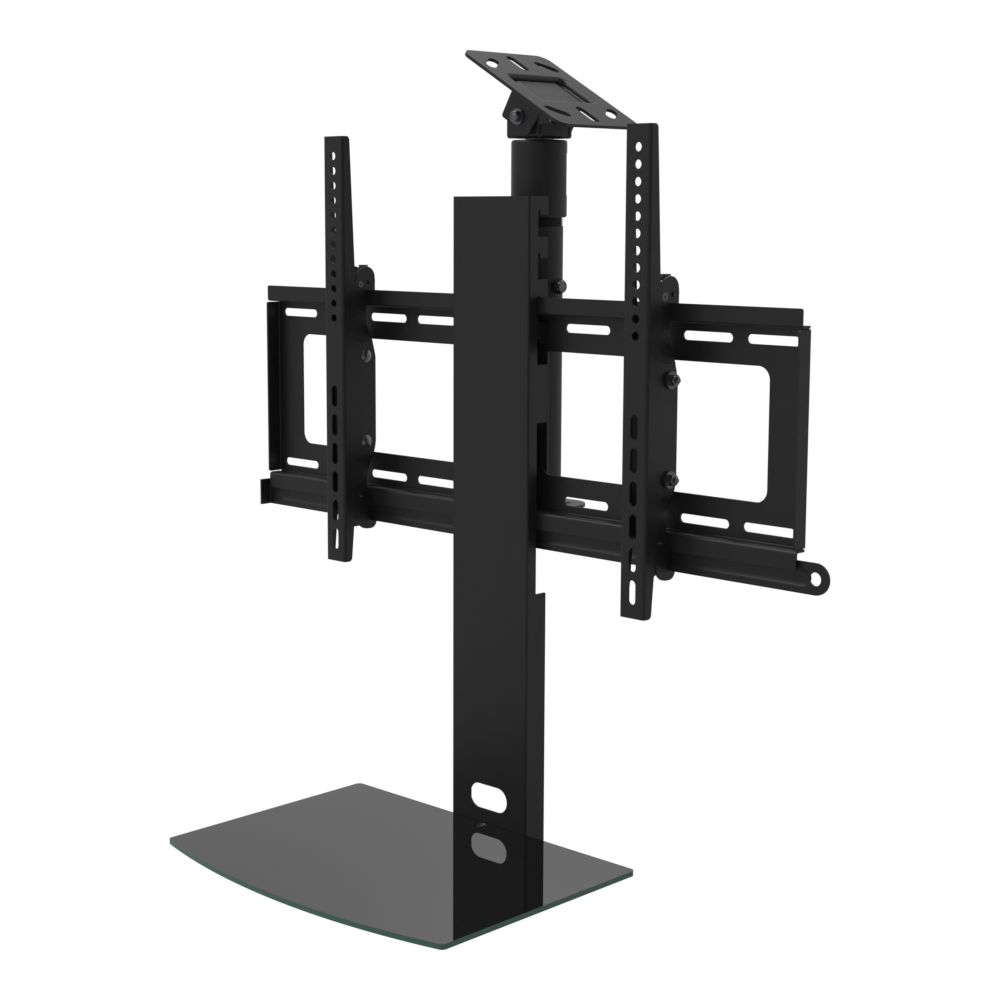 TV ceiling mount with black glass shelf, angled plate for a sloped ceiling, 9 to 17 inch adjustable drop, with telescoping extension.