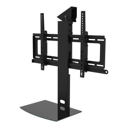 TV ceiling mount with black glass shelf, angled plate for a sloped ceiling, 9 to 17 inch adjustable drop, with telescoping extension.