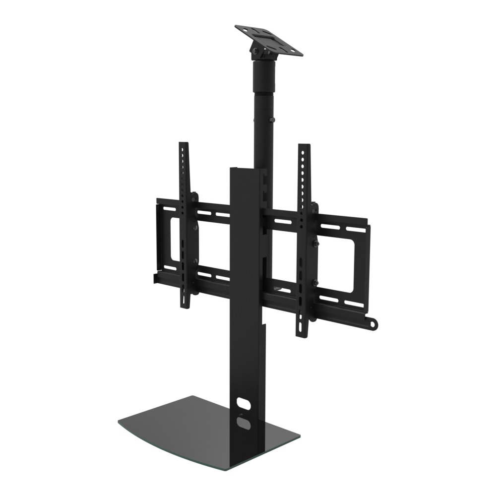 TV ceiling mount with black glass shelf, angled plate for a sloped ceiling, 17 to 33 inch adjustable drop, with telescoping extension.