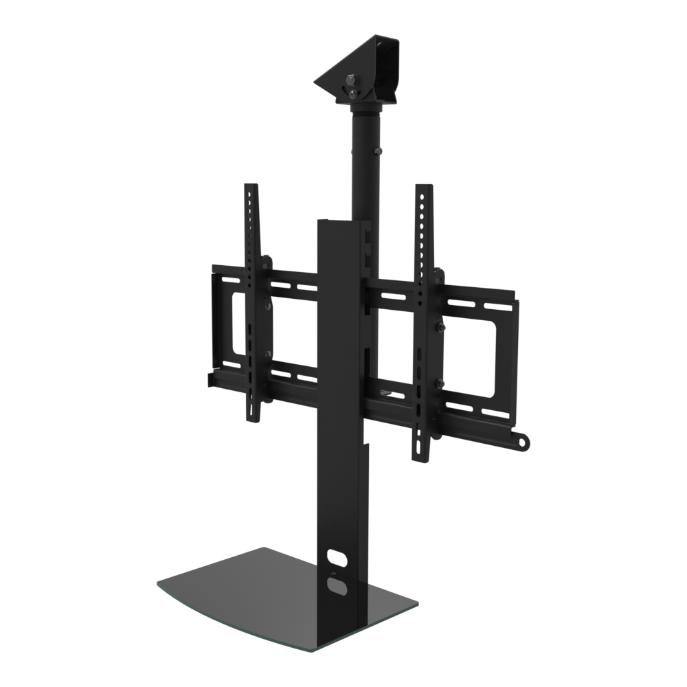TV ceiling mount with black glass shelf, angled plate for a sloped ceiling, 17 to 33 inch adjustable drop, with telescoping extension.