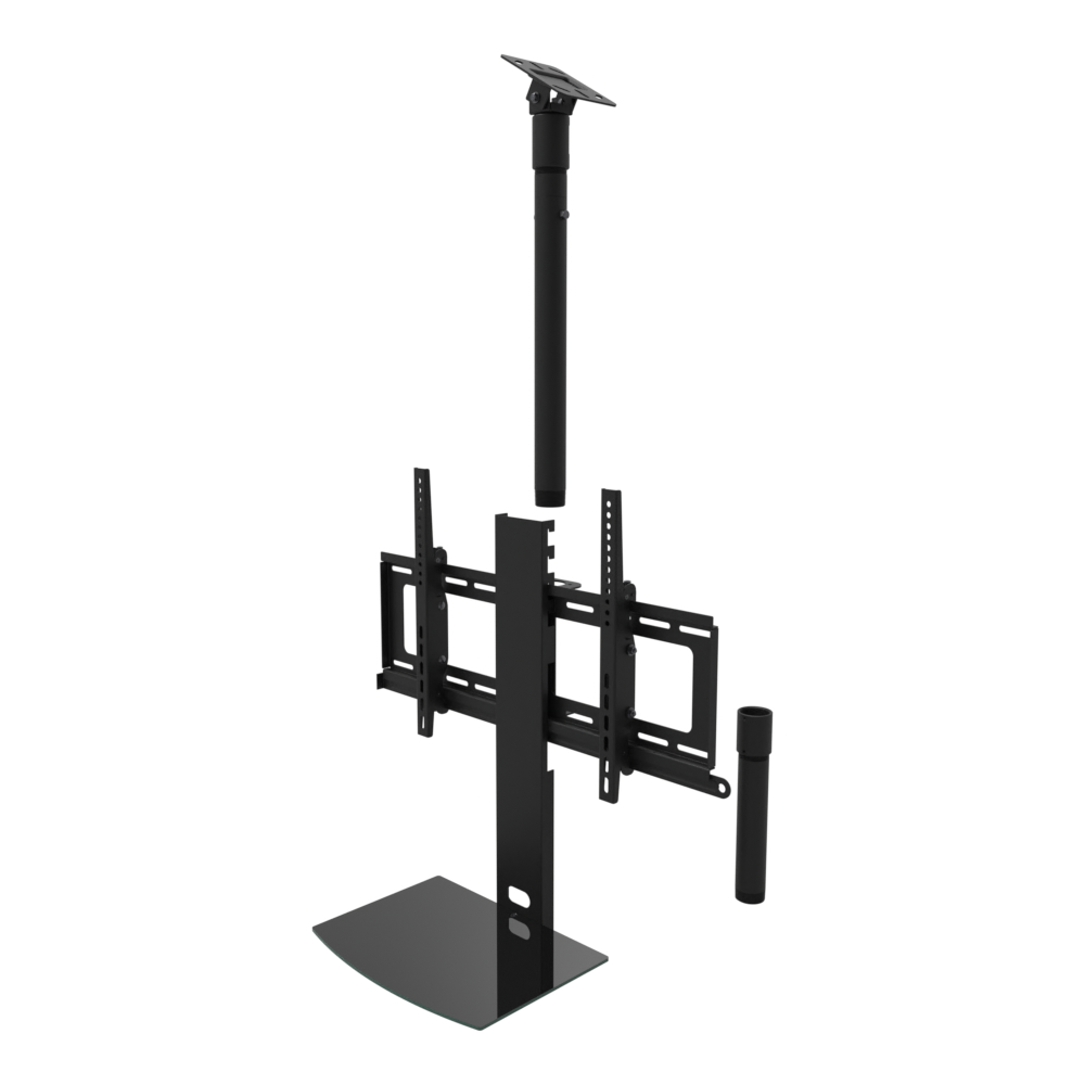 TV ceiling mount with black glass shelf, angled plate for a sloped ceiling, 17 to 43 inch drop, shown apart with coupler and 10 inch pipe.