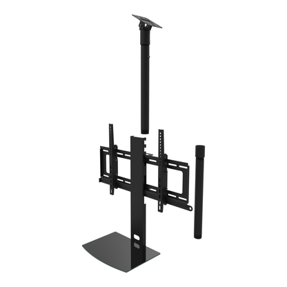 TV ceiling mount with black glass shelf, angled plate for a sloped ceiling, 37 to 53 inch drop, shown apart with coupler and 20 inch pipe.