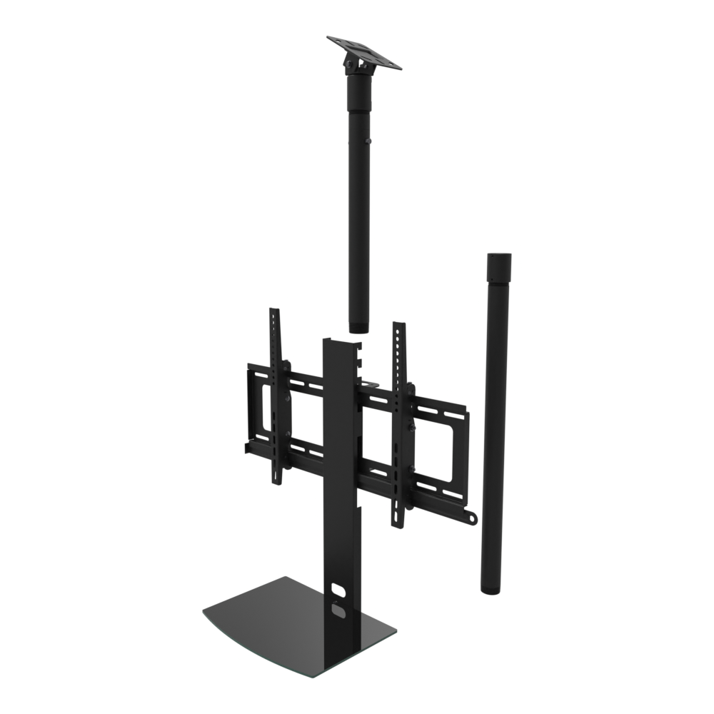 TV ceiling mount with black glass shelf, angled plate for a sloped ceiling, 47 to 63 inch drop, shown apart with coupler and 30 inch pipe.