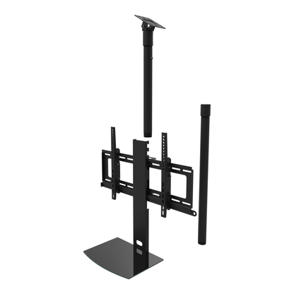 TV ceiling mount with black glass shelf, angled plate for a sloped ceiling, 47 to 63 inch drop, shown apart with coupler and 30 inch pipe.