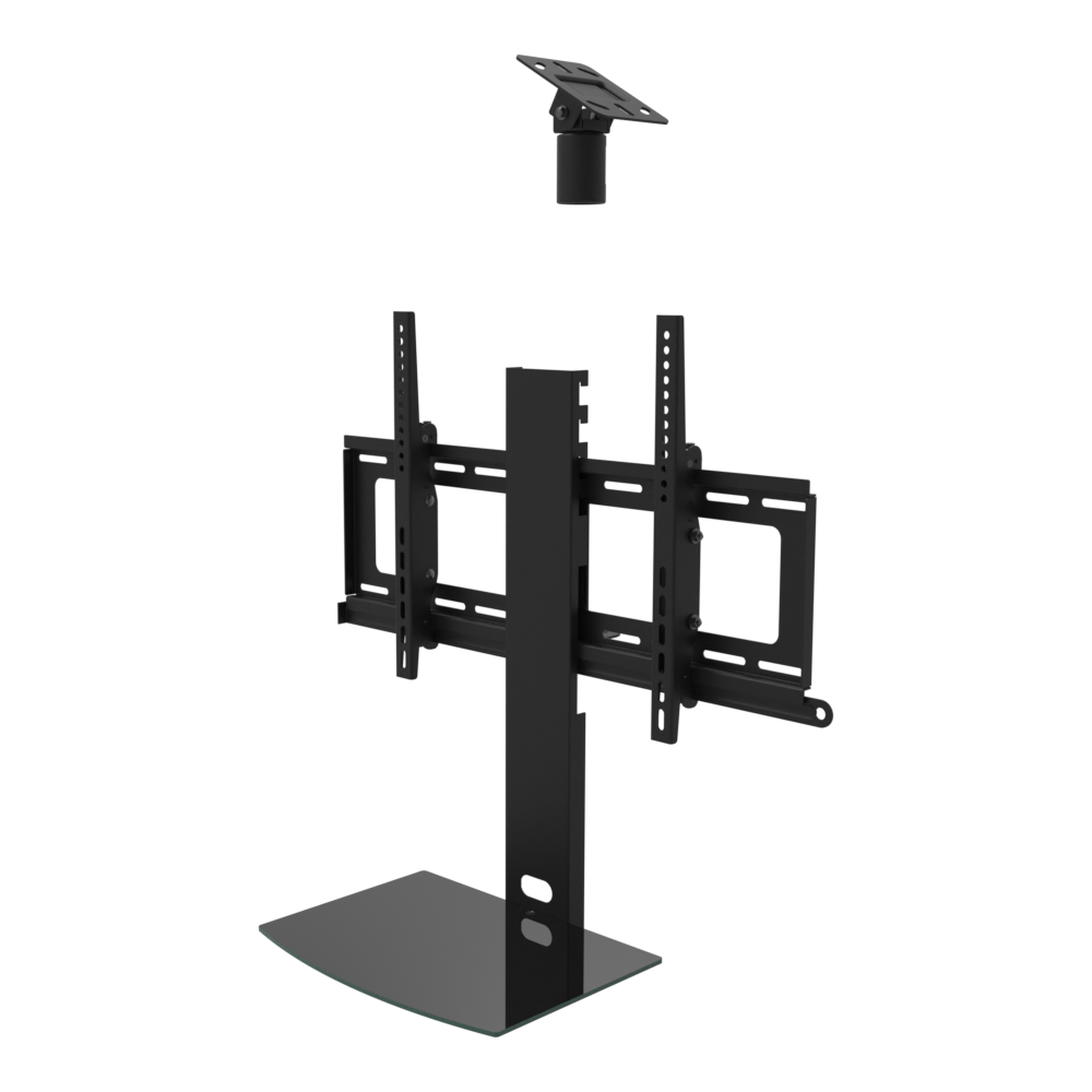 TV ceiling mount with black glass shelf, angled plate for a sloped ceiling and tilting head, supplied without a mast.