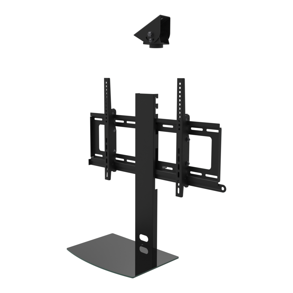 TV ceiling mount with black glass shelf, angled plate for a sloped ceiling and tilting head, supplied without a mast.