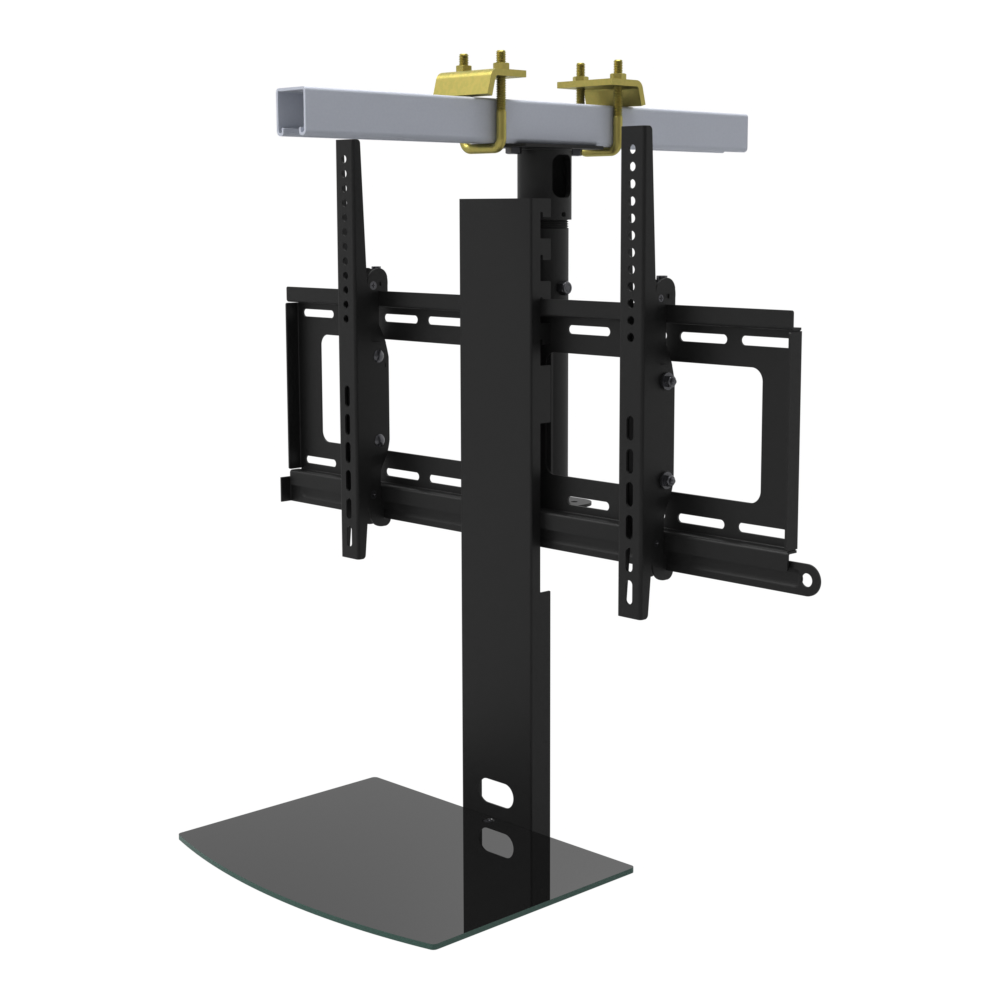 TV ceiling mount with black glass shelf, yellow zinc beam clamps on a strut channel, 9 to 17 inch drop, with telescoping extension.