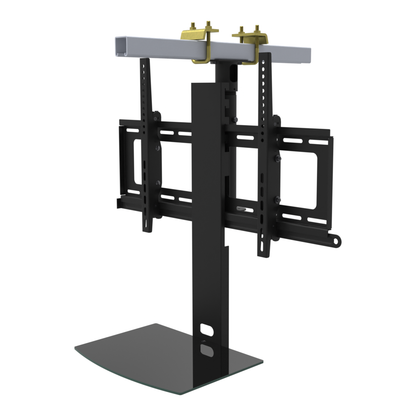 TV ceiling mount with black glass shelf, yellow zinc beam clamps on a strut channel, 9 to 17 inch drop, with telescoping extension.