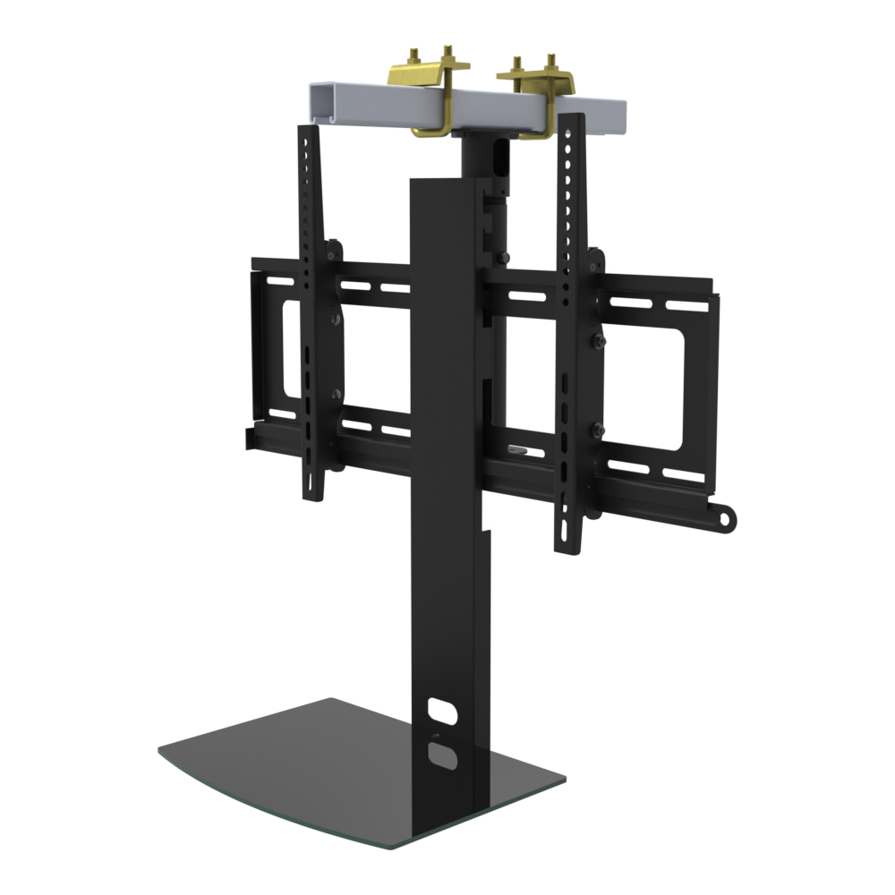 TV ceiling mount with black glass shelf, yellow zinc beam clamps on a strut channel, 9 to 17 inch drop, with telescoping extension.