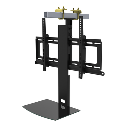 TV ceiling mount with black glass shelf, yellow zinc beam clamps on a strut channel, 9 to 17 inch drop, with telescoping extension.