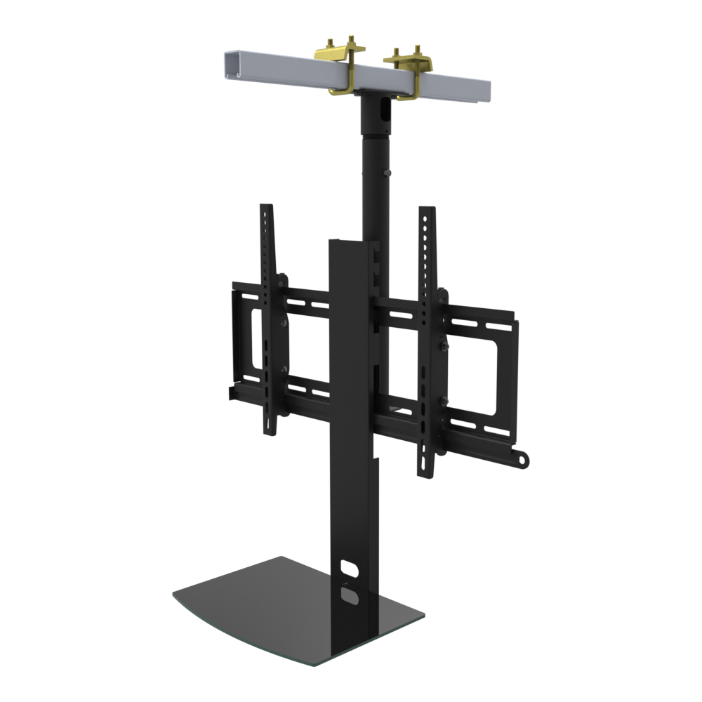 TV ceiling mount with black glass shelf, yellow zinc beam clamps on a strut channel, 17 to 33 inch drop, with telescoping extension.
