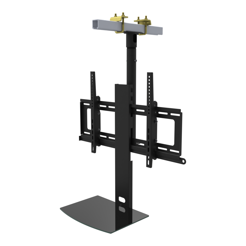 TV ceiling mount with black glass shelf, yellow zinc beam clamps on a strut channel, 17 to 33 inch drop, with telescoping extension.