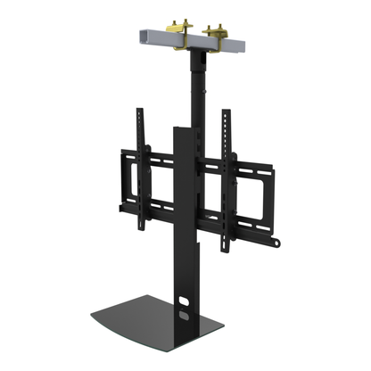 TV ceiling mount with black glass shelf, yellow zinc beam clamps on a strut channel, 17 to 33 inch drop, with telescoping extension.