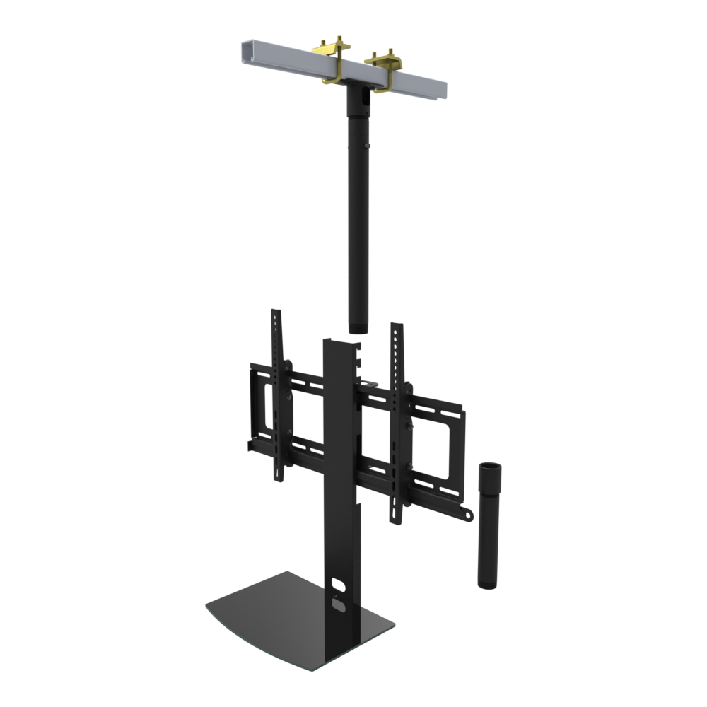 TV ceiling mount with black glass shelf, yellow zinc beam clamps on a strut channel, 17 to 43 inch drop, shown apart with 10 inch pipe.