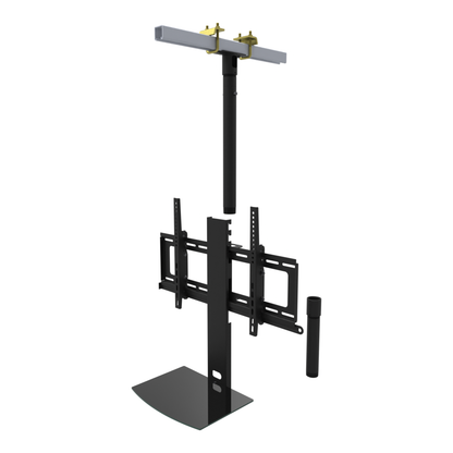 TV ceiling mount with black glass shelf, yellow zinc beam clamps on a strut channel, 17 to 43 inch drop, shown apart with 10 inch pipe.