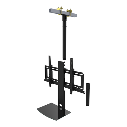 TV ceiling mount with black glass shelf, yellow zinc beam clamps on a strut channel, 17 to 43 inch drop, shown apart with 10 inch pipe.
