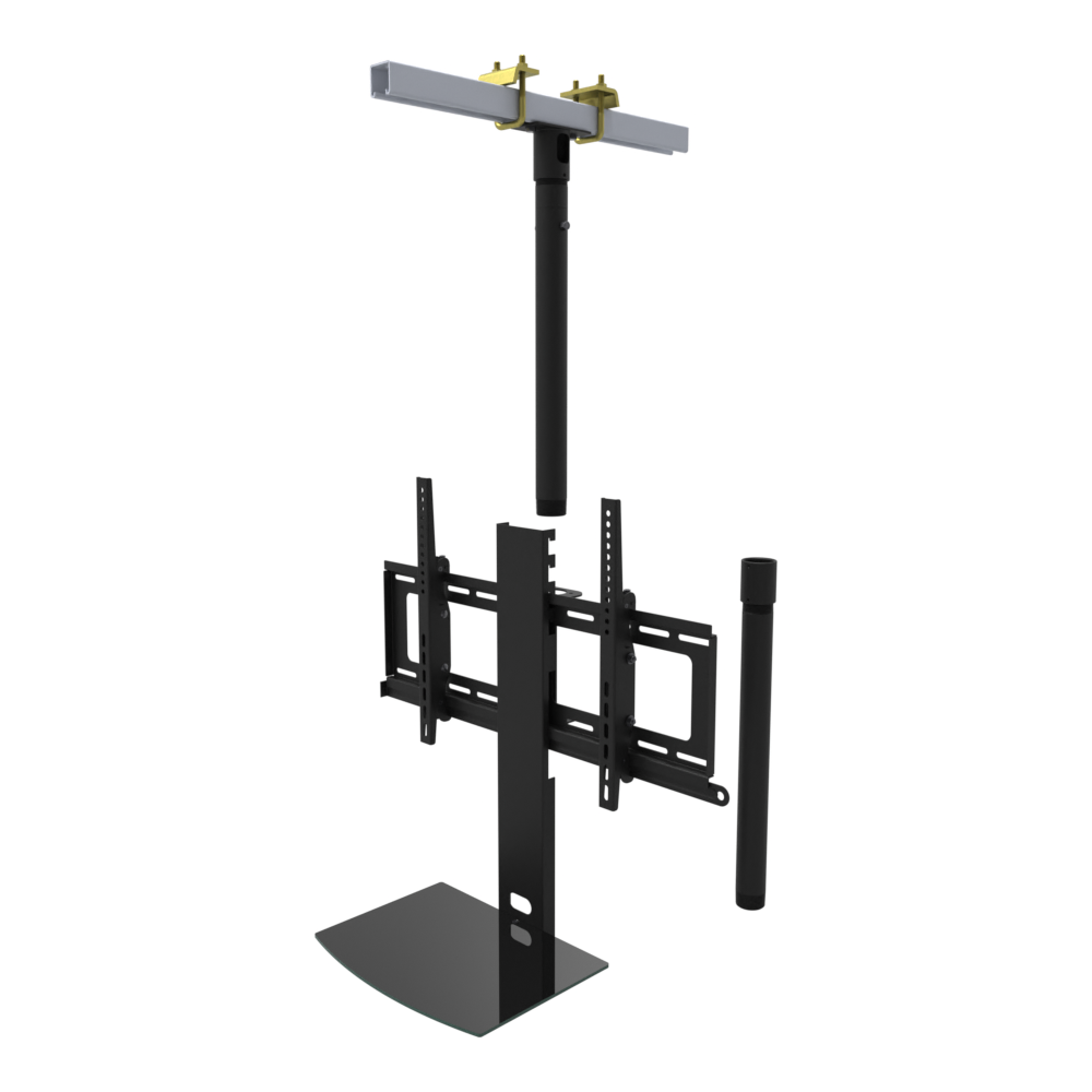 TV ceiling mount with black glass shelf, yellow zinc beam clamps on a strut channel, 37 to 53 inch drop, shown apart with 20 inch pipe.