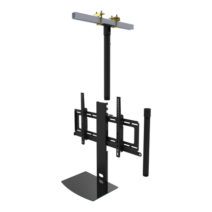 TV ceiling mount with black glass shelf, yellow zinc beam clamps on a strut channel, 37 to 53 inch drop, shown apart with 20 inch pipe.