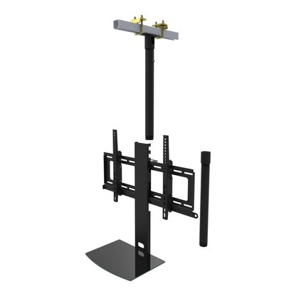 TV ceiling mount with black glass shelf, yellow zinc beam clamps on a strut channel, 37 to 53 inch drop, shown apart with 20 inch pipe.