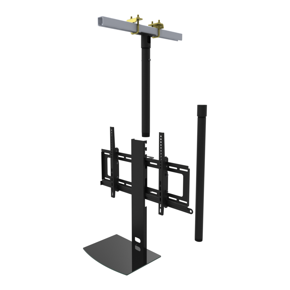 TV ceiling mount with black glass shelf, yellow zinc beam clamps on a strut channel, 47 to 63 inch drop, shown apart with 30 inch pipe.