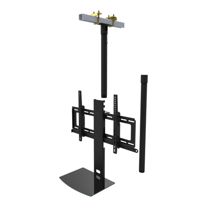 TV ceiling mount with black glass shelf, yellow zinc beam clamps on a strut channel, 47 to 63 inch drop, shown apart with 30 inch pipe.