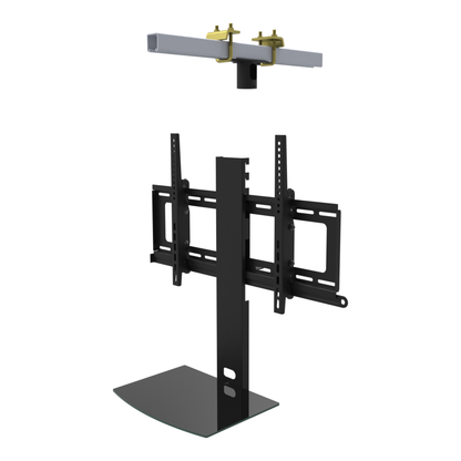 TV ceiling mount with black glass shelf, yellow zinc beam clamps on a strut channel and tilting head, supplied without a mast.