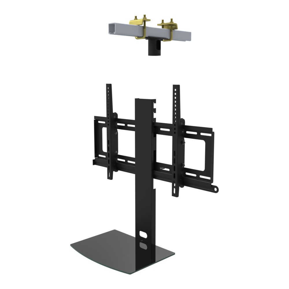 TV ceiling mount with black glass shelf, yellow zinc beam clamps on a strut channel and tilting head, supplied without a mast.