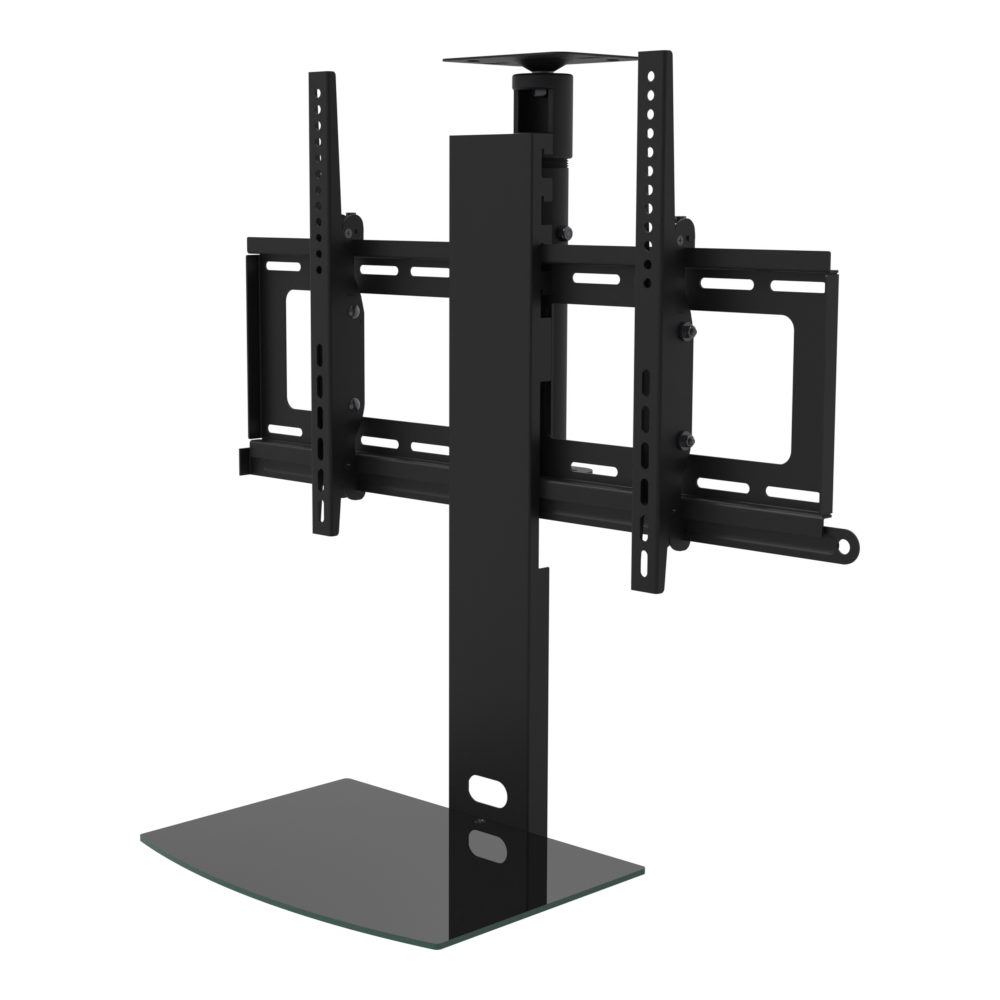 TV ceiling mount with black glass shelf, flat ceiling plate, 9 to 17 inch adjustable drop, with telescoping extension.