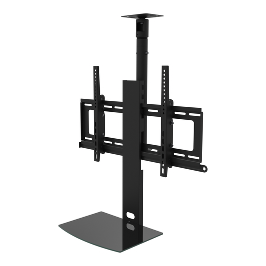 TV ceiling mount with black glass shelf, flat ceiling plate, 17 to 33 inch adjustable drop, with telescoping extension.