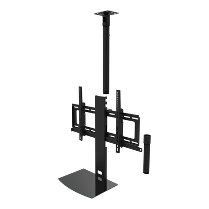 TV ceiling mount with black glass shelf, flat ceiling plate, 17 to 43 inch drop, shown apart with coupler and 10 inch pipe.