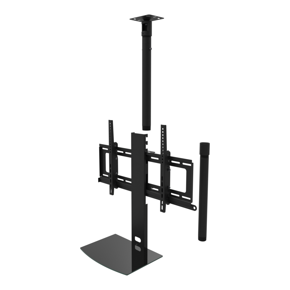 TV ceiling mount with black glass shelf, flat ceiling plate, 37 to 53 inch drop, shown apart with coupler and 20 inch pipe.