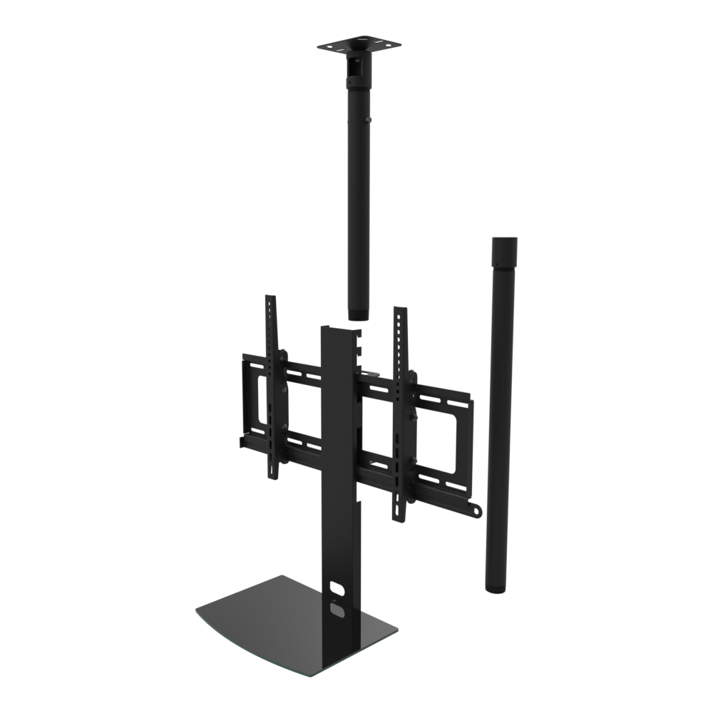 TV ceiling mount with black glass shelf, flat ceiling plate, 47 to 63 inch drop, shown apart with coupler and 30 inch pipe.