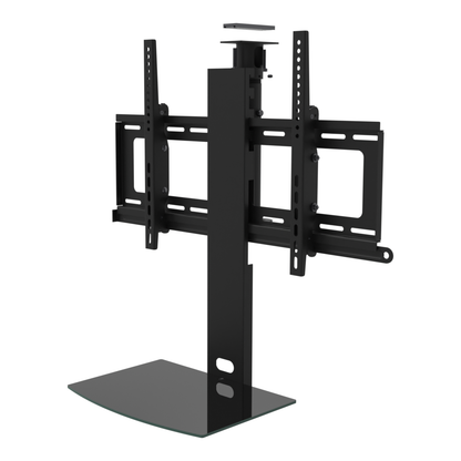 TV ceiling mount with black glass shelf, unistrut adapter plate, 9 to 17 inch adjustable drop, with telescoping extension.
