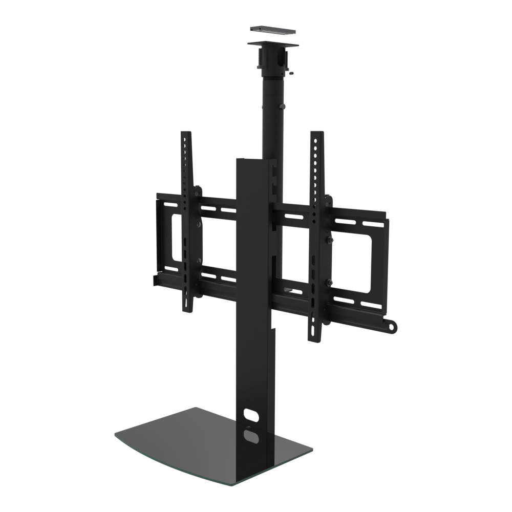TV ceiling mount with black glass shelf, unistrut adapter plate, 17 to 33 inch adjustable drop, with telescoping extension.