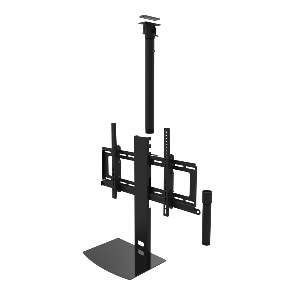 TV ceiling mount with black glass shelf, unistrut adapter plate, 17 to 43 inch drop, shown apart with coupler and 10 inch pipe.