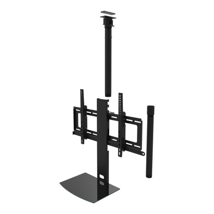 TV ceiling mount with black glass shelf, unistrut adapter plate, 37 to 53 inch drop, shown apart with coupler and 20 inch pipe.