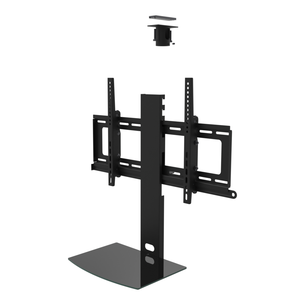 TV ceiling mount with black glass shelf, unistrut adapter plate and tilting twin-rail head, supplied without a mast.