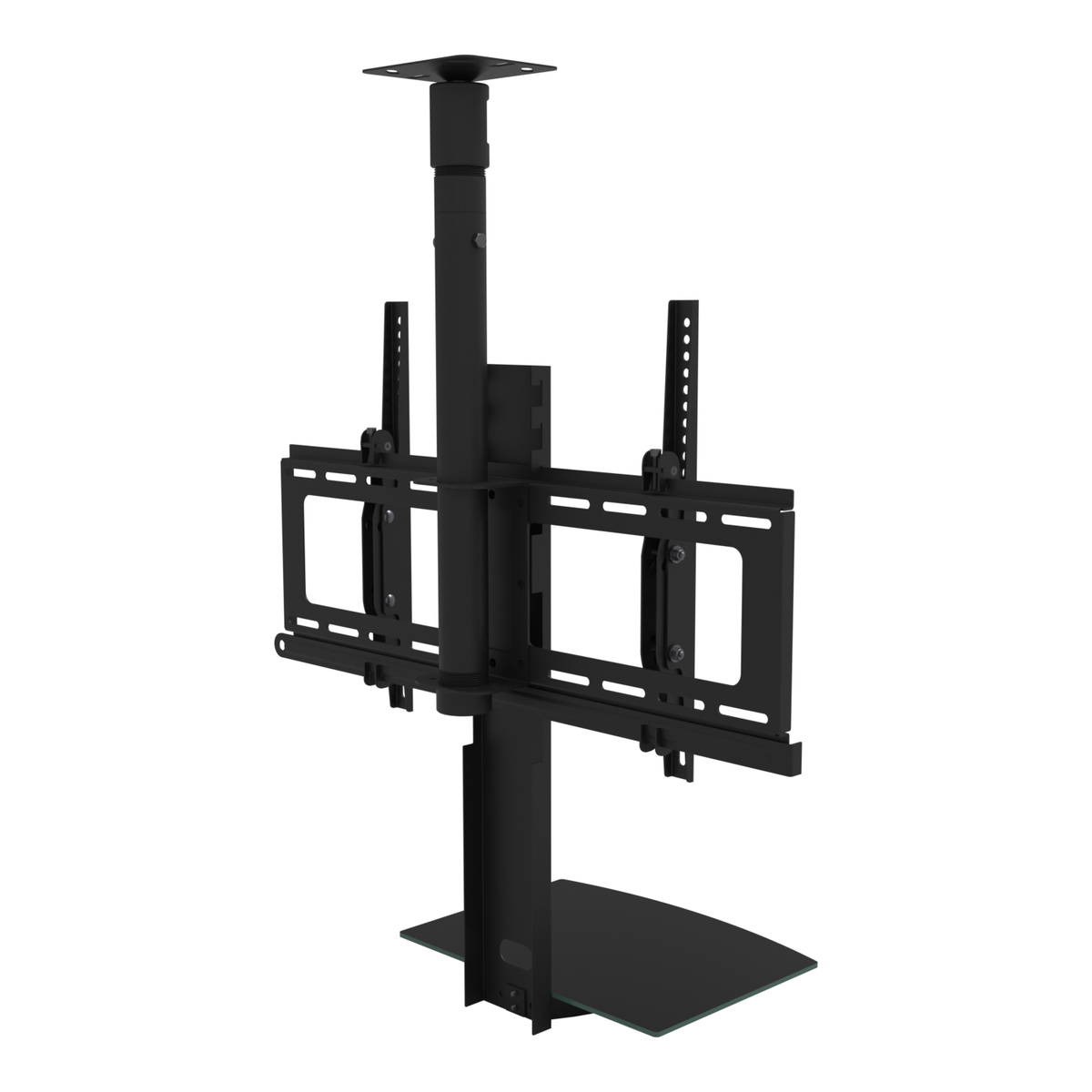 33CE008SH TV ceiling mount with shelf seen from the back, showing the wall plate and both TV rails, the pipe adapter on the mast, the shelf support and glass shelf, the telescoping extension and the ceiling plate.