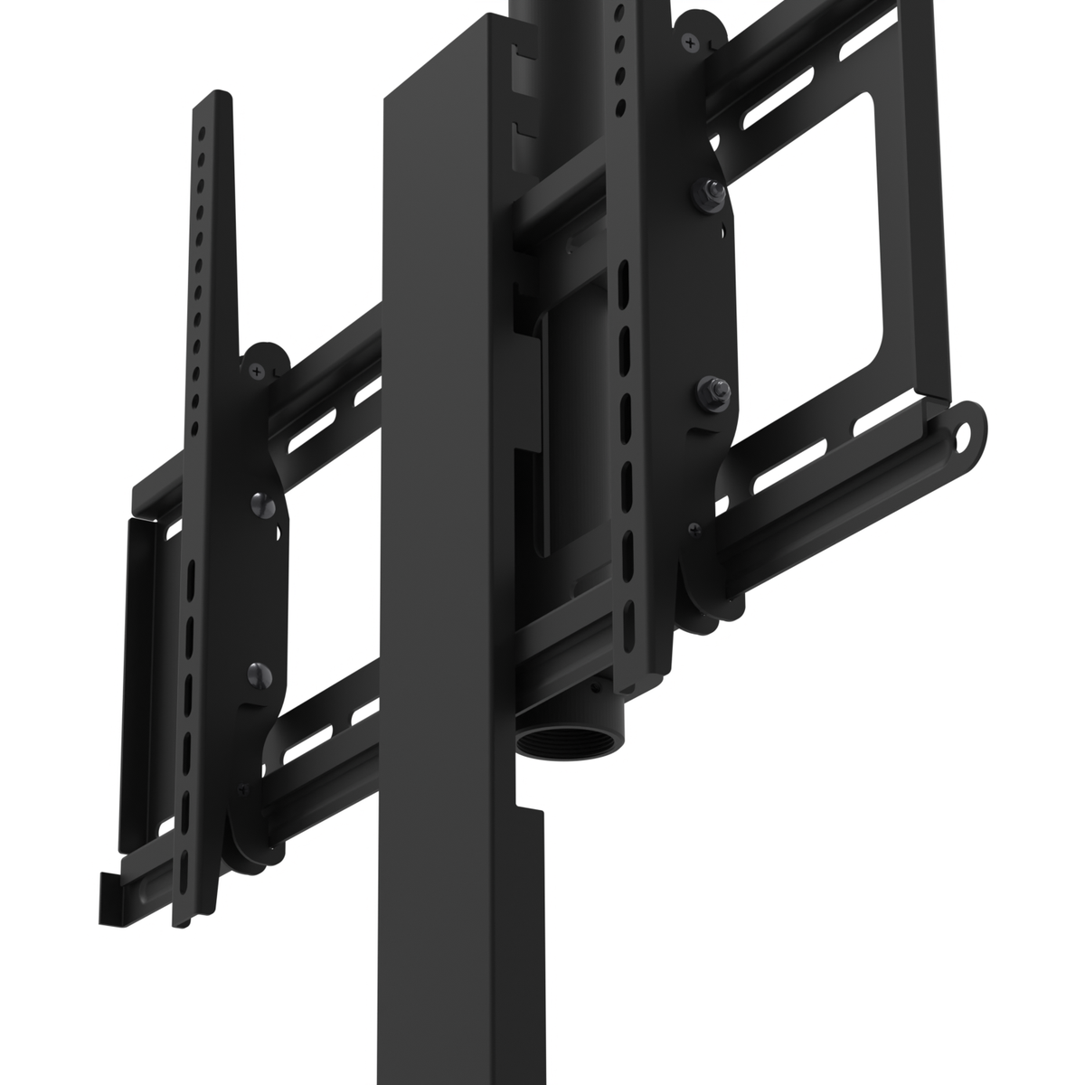33CE008SH TV head, with the shelf support hanging in front, seen from below and to the side, with the lock bar in the locked position running under the wall plate through the hooked brackets of both TV rails.