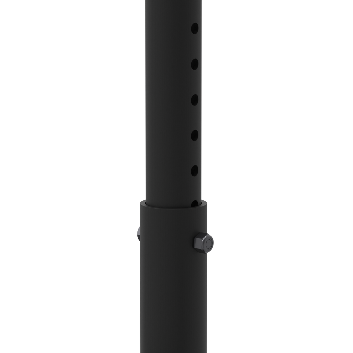 Close-up of the 33CE008SH telescoping extension, shown pulled out: the row of adjustment holes in the inner tube above the outer pipe, with a 5/16 inch bolt and locknut through both to set the length.